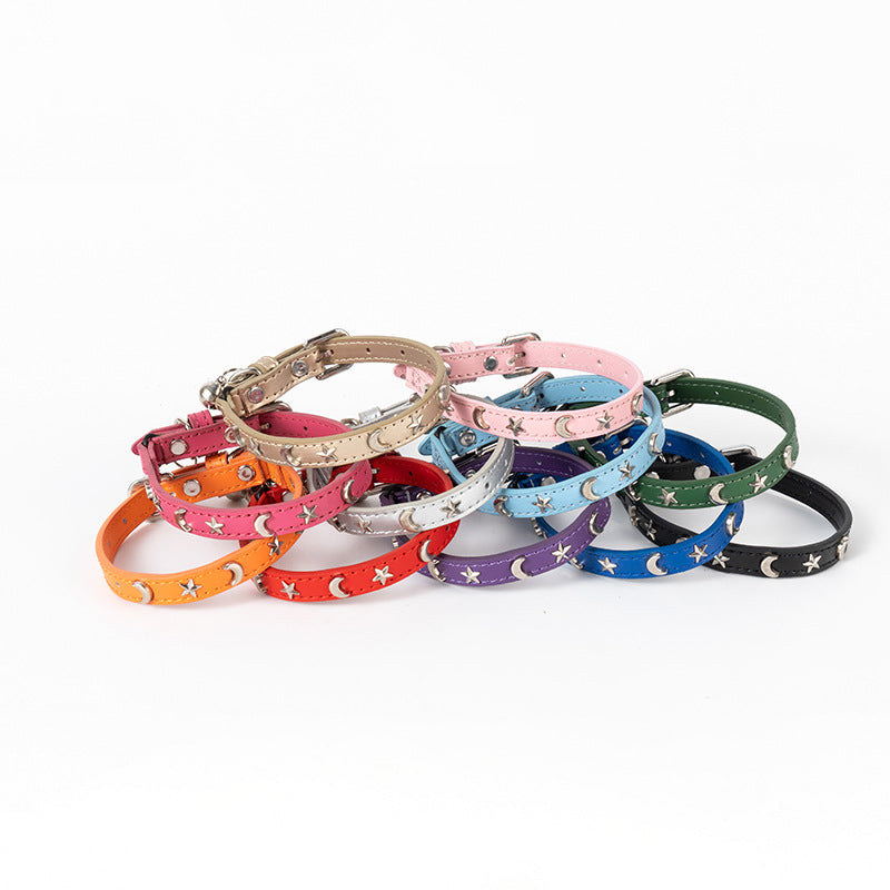 3 pcs Light blue Stylish PU Leather Pet Collar - Anti-Loss, Puppy Bell, Star & Moon Design Width 1.2cm Total Length 35cm
