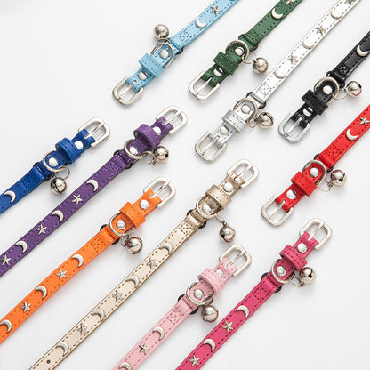 3 pcs Light blue Stylish PU Leather Pet Collar - Anti-Loss, Puppy Bell, Star & Moon Design Width 1.2cm Total Length 35cm