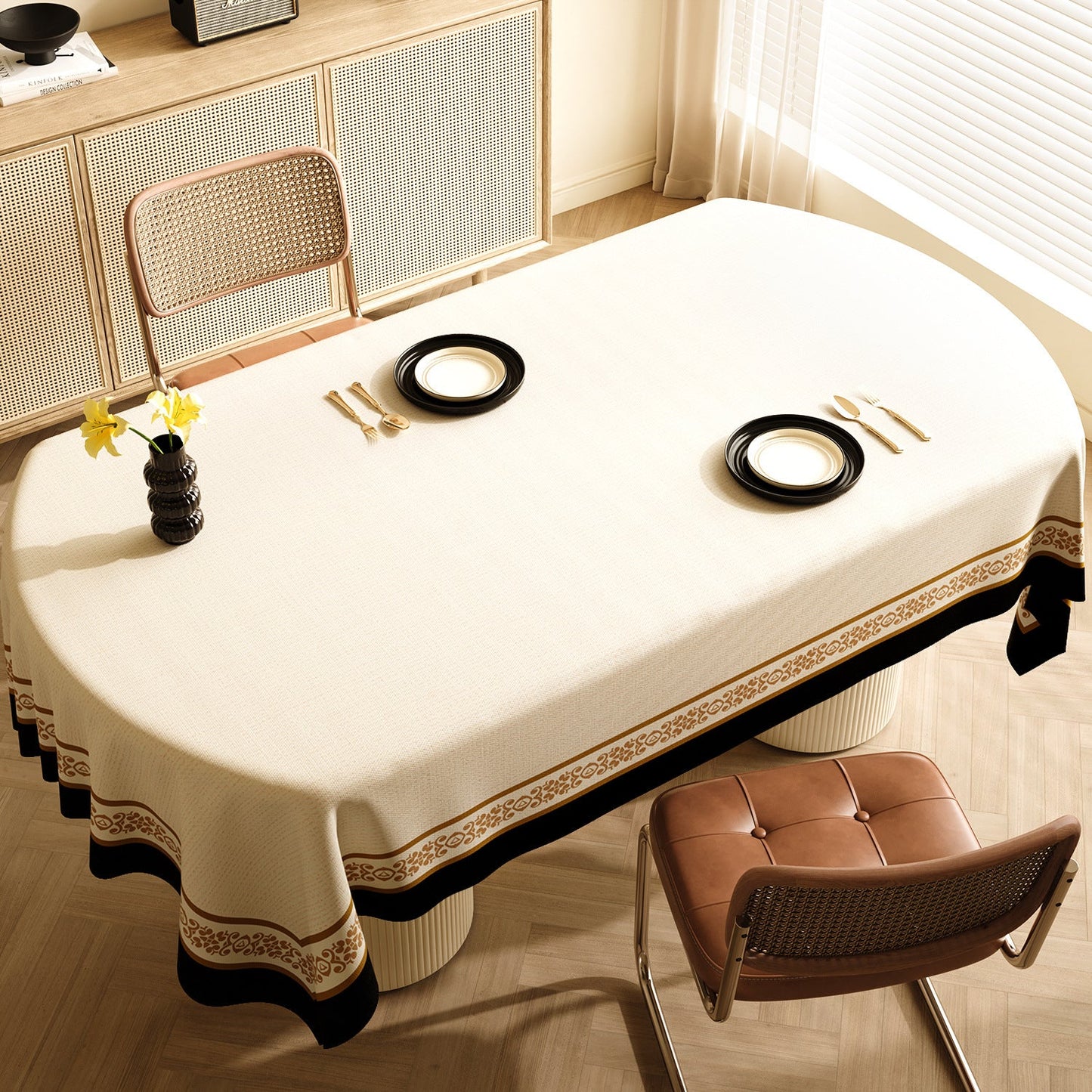 Style B Black and Beige Premium PVC Tablecloth - Oil & Water Resistant Table Cover for Dining Tables (120 x 180 cm)