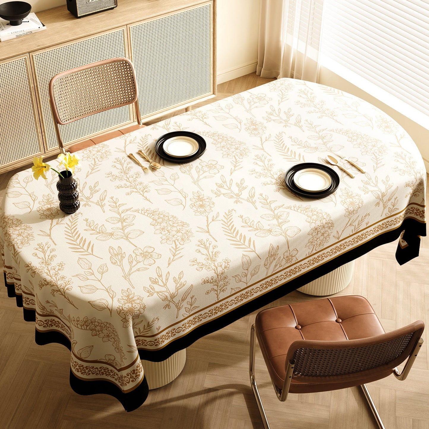 Style A Black And Beige Premium PVC Tablecloth - Oil & Water Resistant Table Cover for Dining Tables (140 x 220 cm)