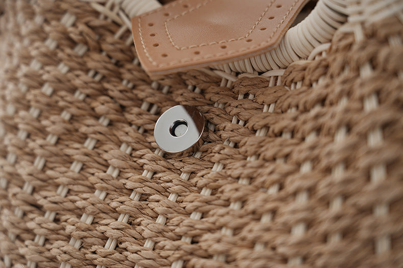Khaki Boho Circle Straw Bag - Stylish Woven Tote with Round Handles