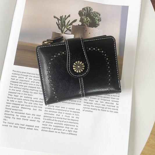 Black Vintage PU Leather Women's Short Wallet - Elegant Zipper Coin Pocket Multi-Function Card Holder