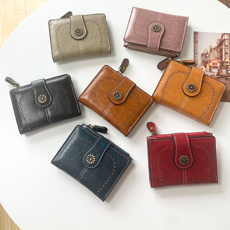 Black Vintage PU Leather Women's Short Wallet - Elegant Zipper Coin Pocket Multi-Function Card Holder