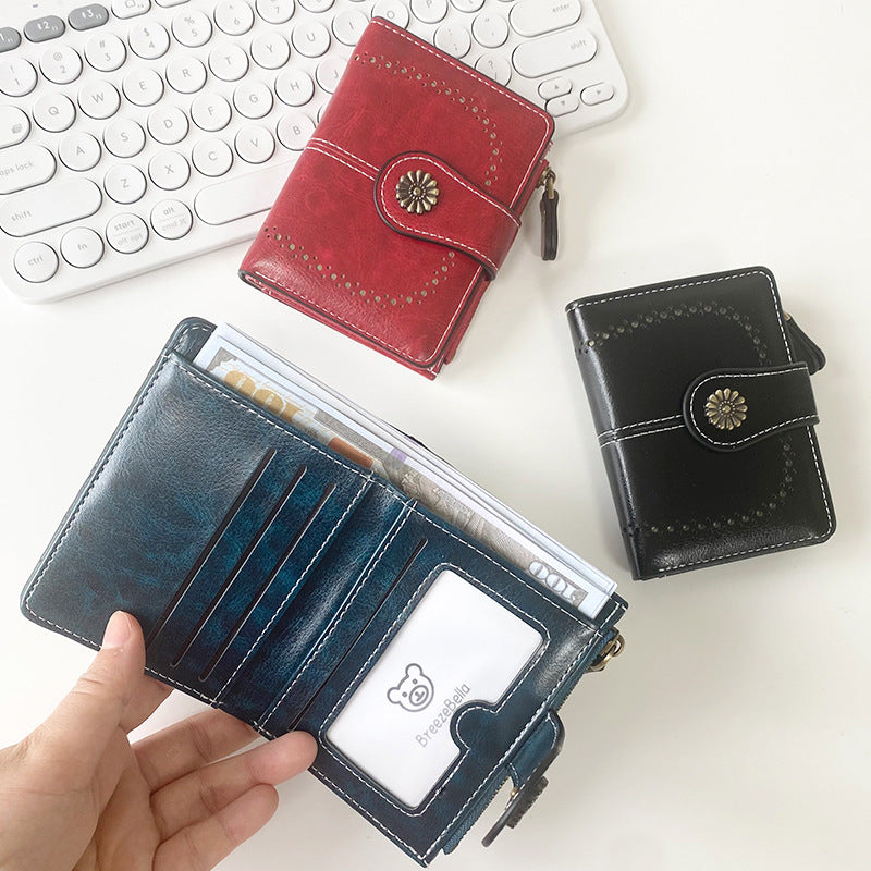 Black Vintage PU Leather Women's Short Wallet - Elegant Zipper Coin Pocket Multi-Function Card Holder