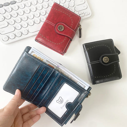 Black Vintage PU Leather Women's Short Wallet - Elegant Zipper Coin Pocket Multi-Function Card Holder