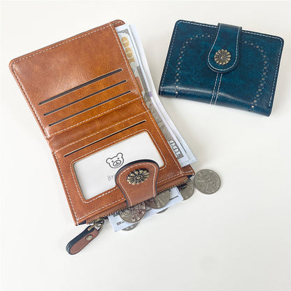 Black Vintage PU Leather Women's Short Wallet - Elegant Zipper Coin Pocket Multi-Function Card Holder