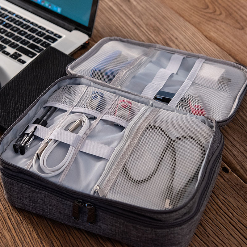 Grey Durable Three-Layer Earphone & Digital Organizer - Waterproof Cosmetic & Cable Storage Pouch(Photography props not included, only the bag)