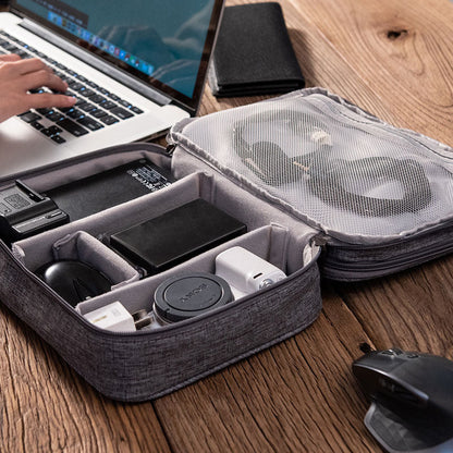 Grey Durable Three-Layer Earphone & Digital Organizer - Waterproof Cosmetic & Cable Storage Pouch(Photography props not included, only the bag)