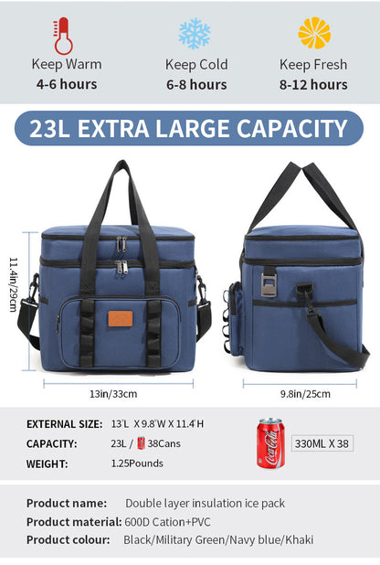 Black 23L Extra Large Insulated Cooler Bag with Double Layers - Perfect for Camping, Picnics, and Outdoor Adventures