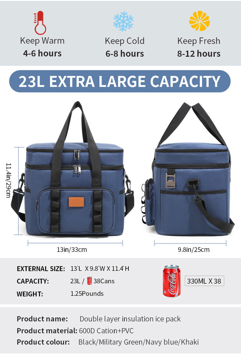 Green 23L Extra Large Insulated Cooler Bag with Double Layers - Perfect for Camping, Picnics, and Outdoor Adventures