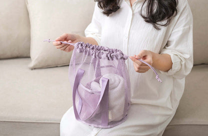 Purple Lightweight Mesh Drawstring Beach Bag - Portable Travel Organizer for Toiletries and Essentials