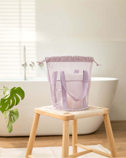 Purple Lightweight Mesh Drawstring Beach Bag - Portable Travel Organizer for Toiletries and Essentials