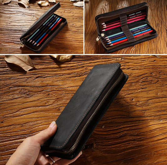 Black Genuine Leather Pencil Case - Vintage Zip-Up Pen Holder with Elastic Loops