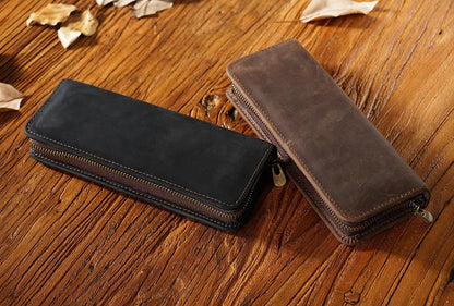 Black Genuine Leather Pencil Case - Vintage Zip-Up Pen Holder with Elastic Loops