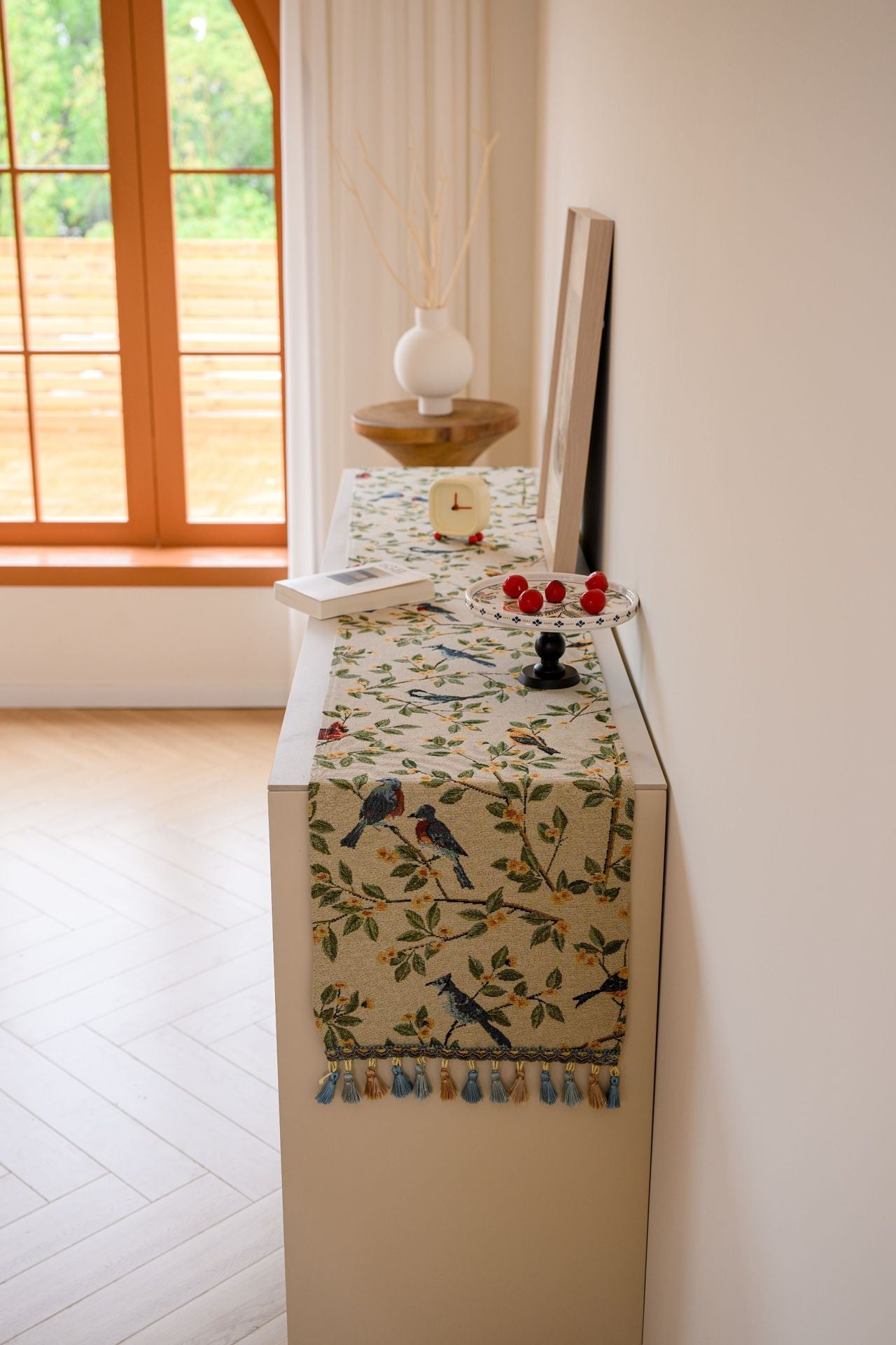 Birds & Branch Table Runner - Jacquard Woven Beige with Tassels(33X200CM)