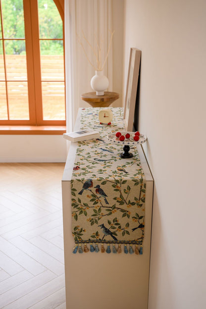 Birds & Branch Table Runner - Jacquard Woven Beige with Tassels(33X200CM)