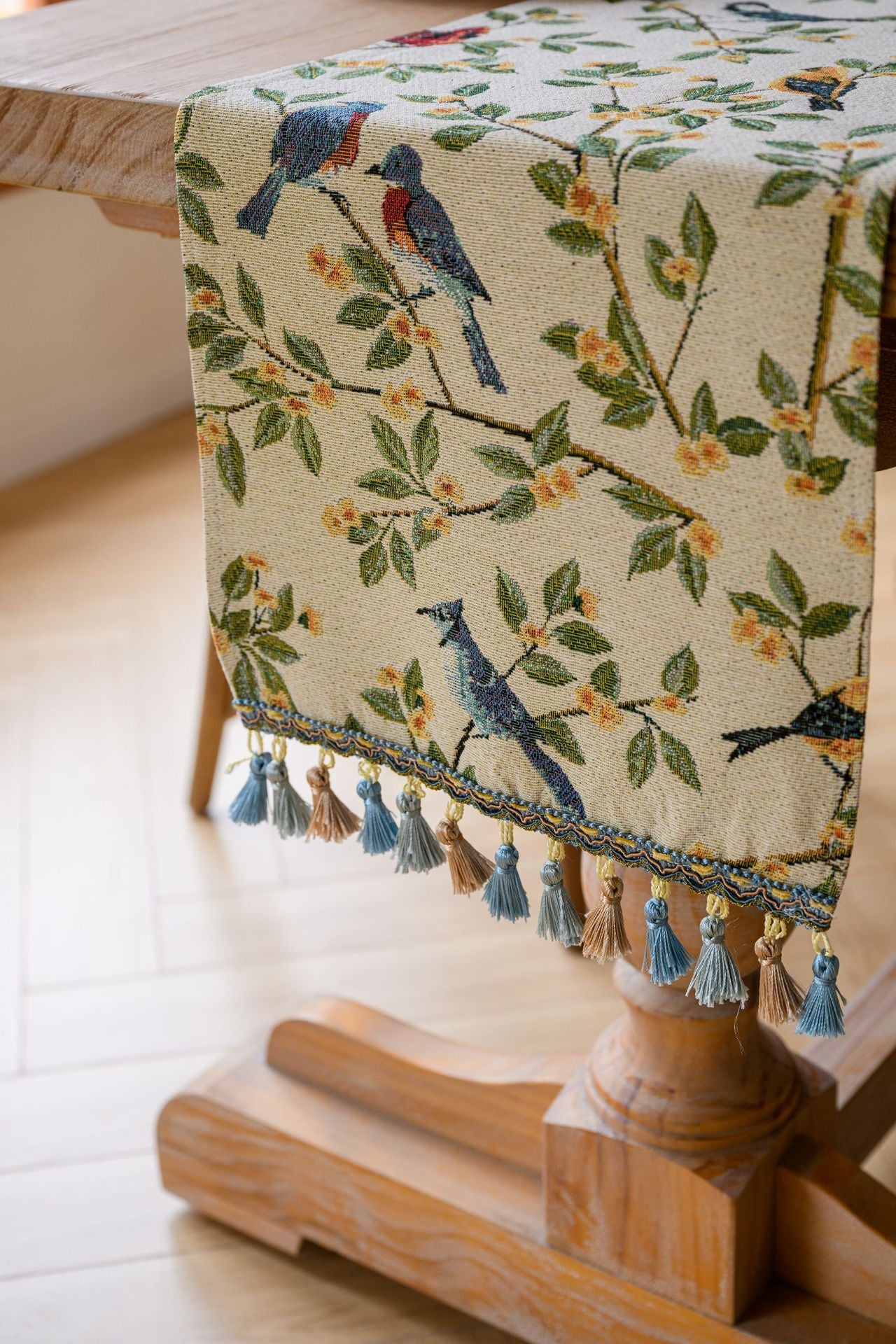 Birds & Branch Table Runner - Jacquard Woven Beige with Tassels(33X200CM)