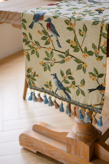 Birds & Branch Table Runner - Jacquard Woven Beige with Tassels(33X200CM)