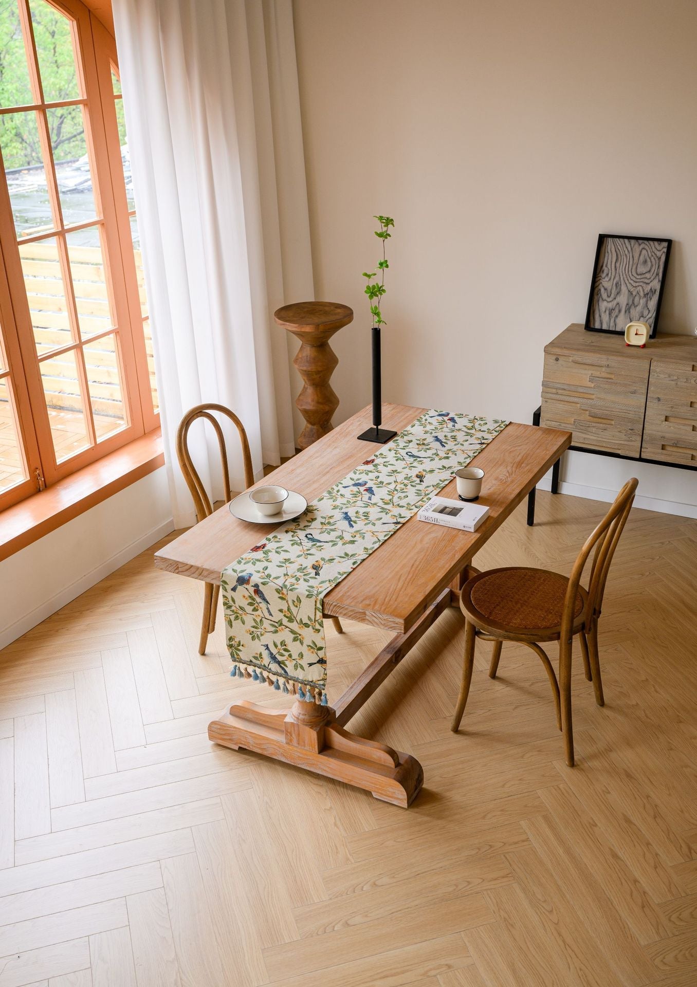 Birds & Branch Table Runner - Jacquard Woven Beige with Tassels(33X200CM)