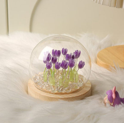 (Ten Purple Tulips) Glowing Tulip Dome Lamp -  Wooden Base, Bedside Table Decoration