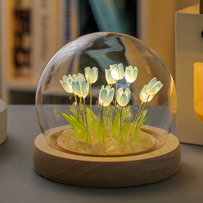 (Thirteen Blue Tulips) Glowing Tulip Dome Lamp -  Wooden Base, Bedside Table Decoration