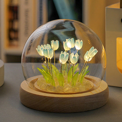 (Thirteen Blue Tulips) Glowing Tulip Dome Lamp -  Wooden Base, Bedside Table Decoration