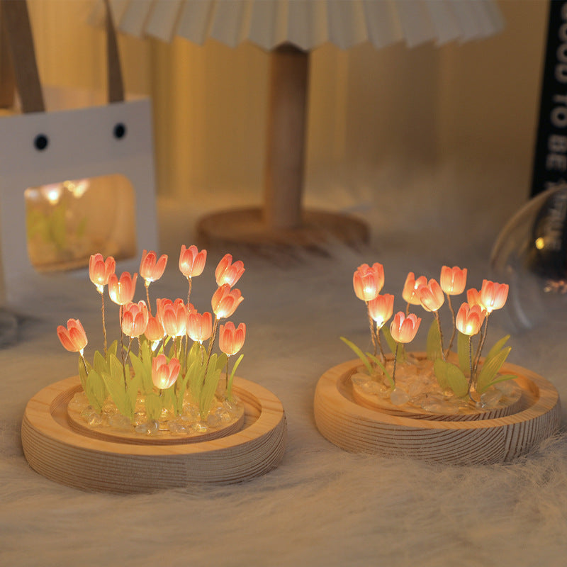 (Thirteen Pink Tulips) Glowing Tulip Dome Lamp -  Wooden Base, Bedside Table Decoration
