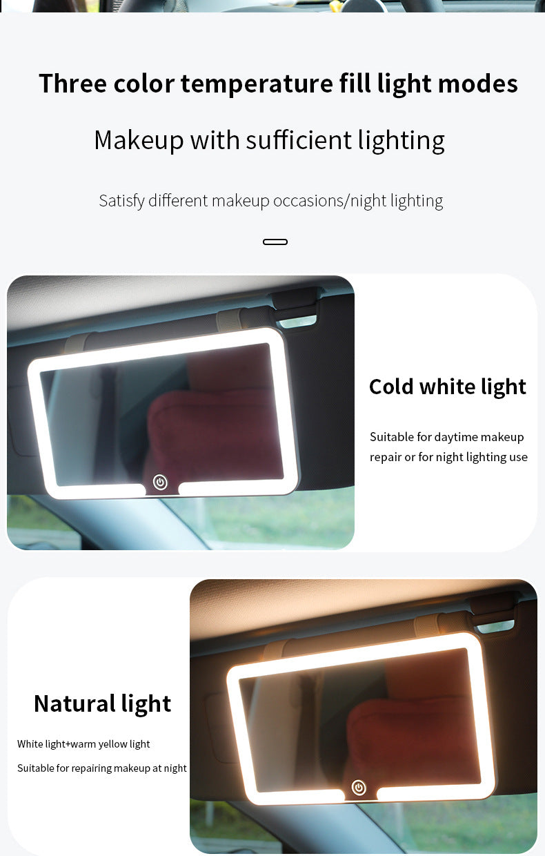 White Single button Car Sun Visor Makeup Mirror with LED Light - Tri-Color, Touch Control