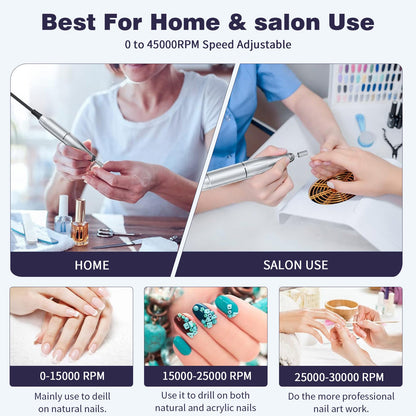 Pink+Blue Portable Electric Nail Drill - Rechargeable, Adjustable Speed, Low Vibration