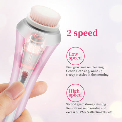 Pink Rechargeable Facial Cleansing Brush Kit with 4 Heads & Charging Dock