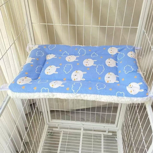 Tie-On Cat Cage Platform Pad - Rabbit pattern on Blue background (30x75cm)