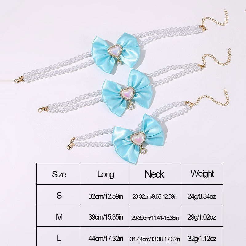 2 - PCS Cute Pet Pearl Necklace Collar with Blue Bow and Heart Charm - Size L