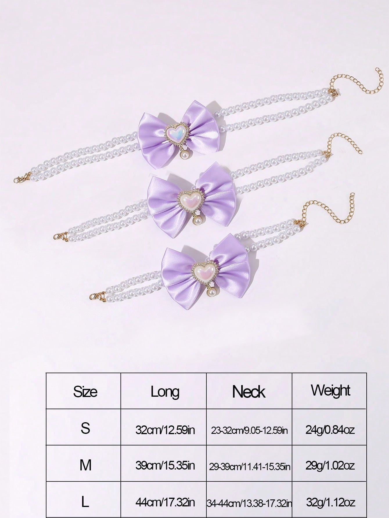 2 - PCS Cute Pet Pearl Necklace Collar with Purple Bow and Heart Charm - Size L
