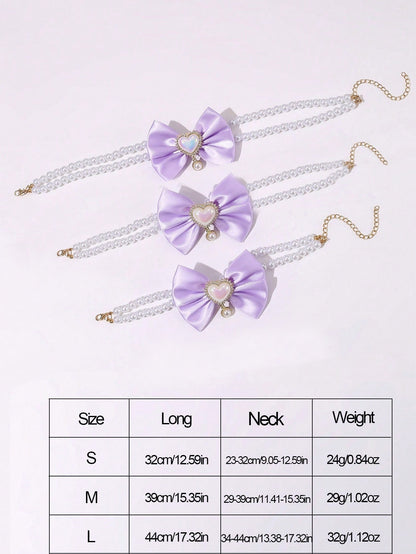 2 - PCS Cute Pet Pearl Necklace Collar with Purple Bow and Heart Charm - Size L