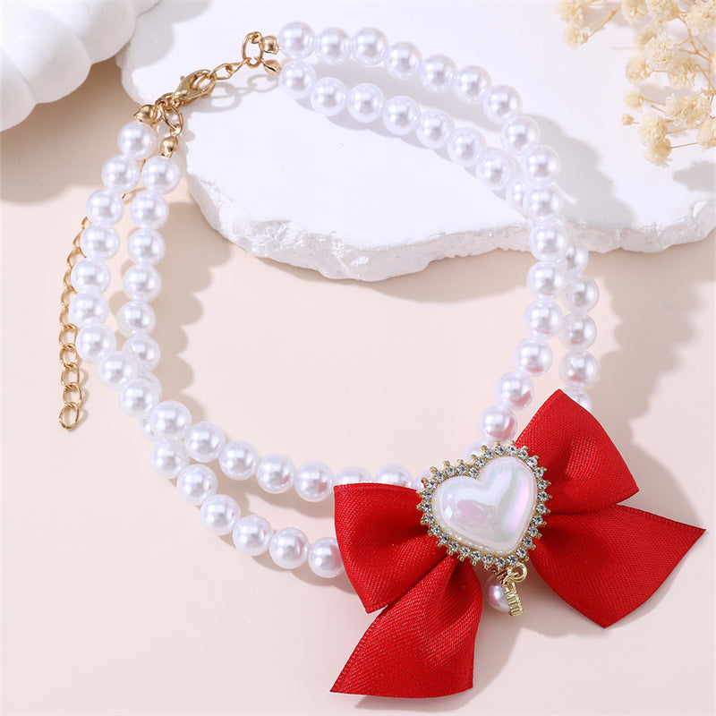 2 - PCS Cute Pet Pearl Necklace Collar with Red Bow and Heart Charm - Size L