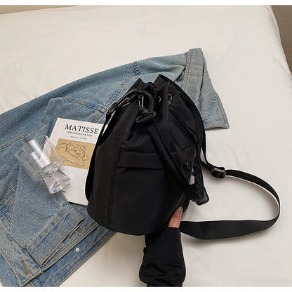 Black Casual Nylon Drawstring Bucket Bag - Adjustable Strap Crossbody Purse