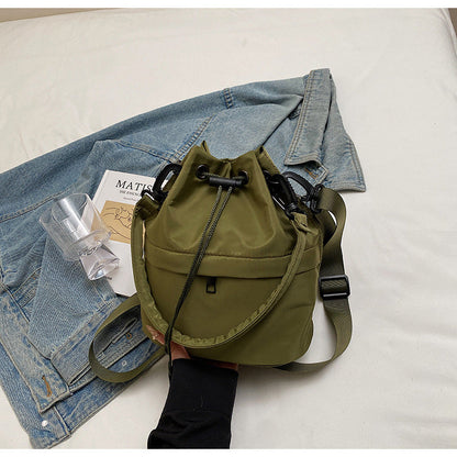Army green Casual Nylon Drawstring Bucket Bag - Adjustable Strap Crossbody Purse