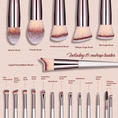 Pink 18-Piece Makeup Brush Set - Professional Synthetic Fiber Brushes with Wooden Handles for Flawless Beauty