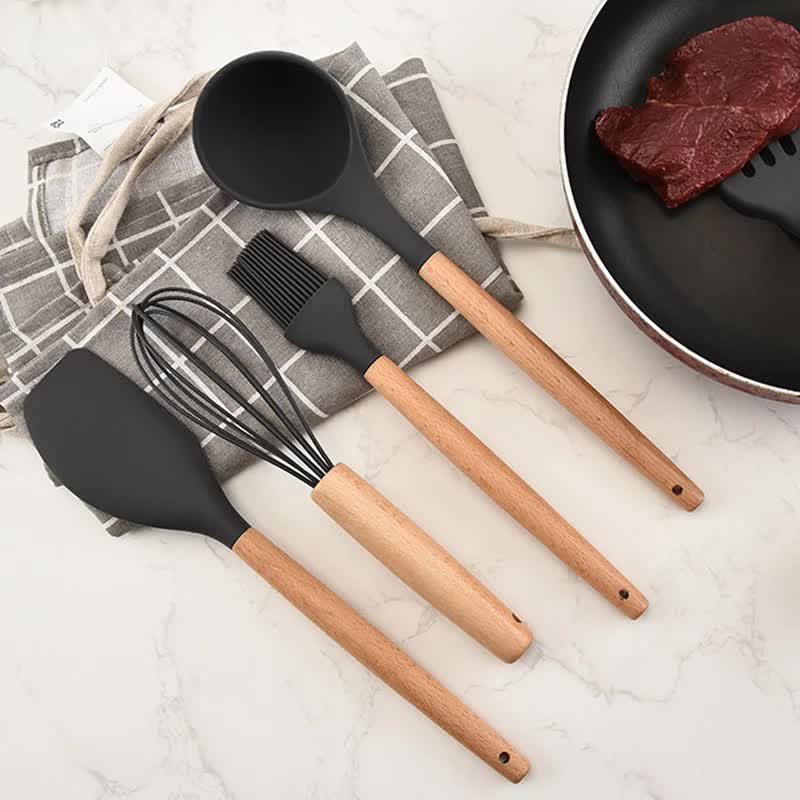 Light Green And Brown 12-Piece Silicone Kitchen Utensil Set - Non-Stick Food-Grade Silicone Cooking Tools with Wooden Handles and Holder