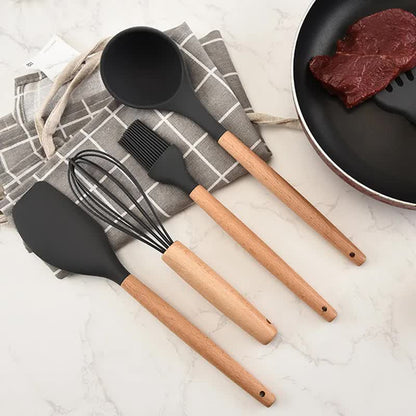 Light Green And Brown 12-Piece Silicone Kitchen Utensil Set - Non-Stick Food-Grade Silicone Cooking Tools with Wooden Handles and Holder