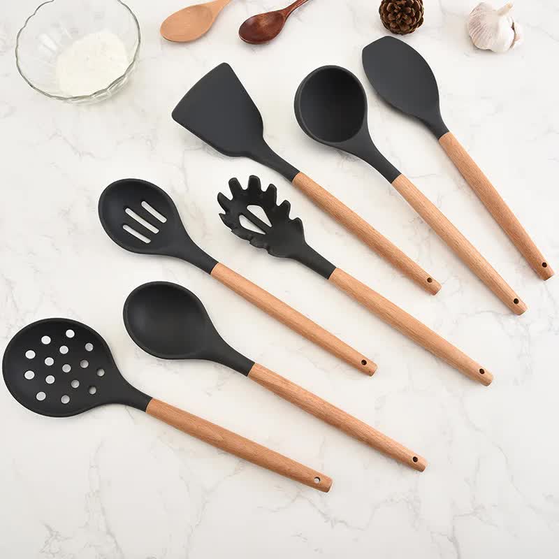 Light Green And Brown 12-Piece Silicone Kitchen Utensil Set - Non-Stick Food-Grade Silicone Cooking Tools with Wooden Handles and Holder