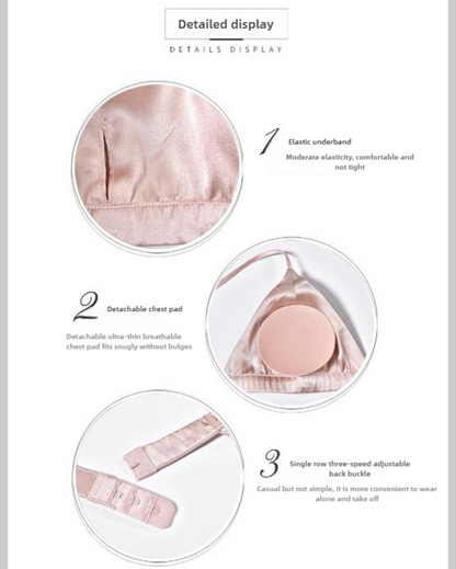 Size M Pink French Style Mulberry Silk Wireless Bralette - Triangle Cup Anti-Sagging Bra for Fuller Busts, Lightweight Comfort