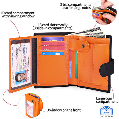 Coffee Men's Short Leather Wallet with RFID Protection - Genuine Cowhide Cardholder with Coin Pocket