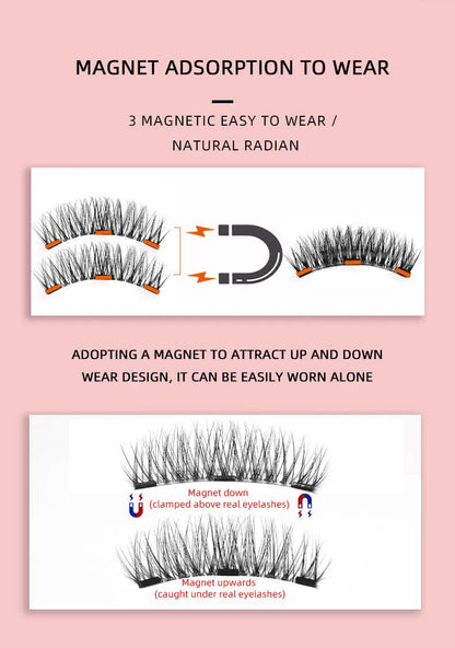 Style 2 Black Magnetic False Eyelashes Kit - 3 Pairs with Applicator Clip and Mirror Case
