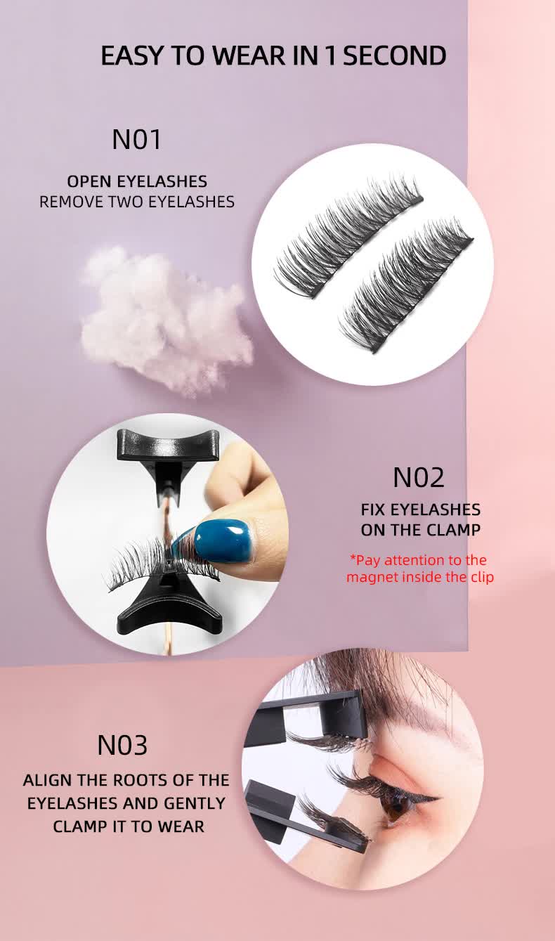 Style 5 Black Magnetic False Eyelashes Kit - 3 Pairs with Applicator Clip and Mirror Case