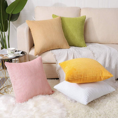 Brick Red Plush Striped Pillow Covers 45x45cm - Set of 4 Corduroy-Style Cushion Covers with Invisible Zipper, Soft and Washable for Sofa Decor