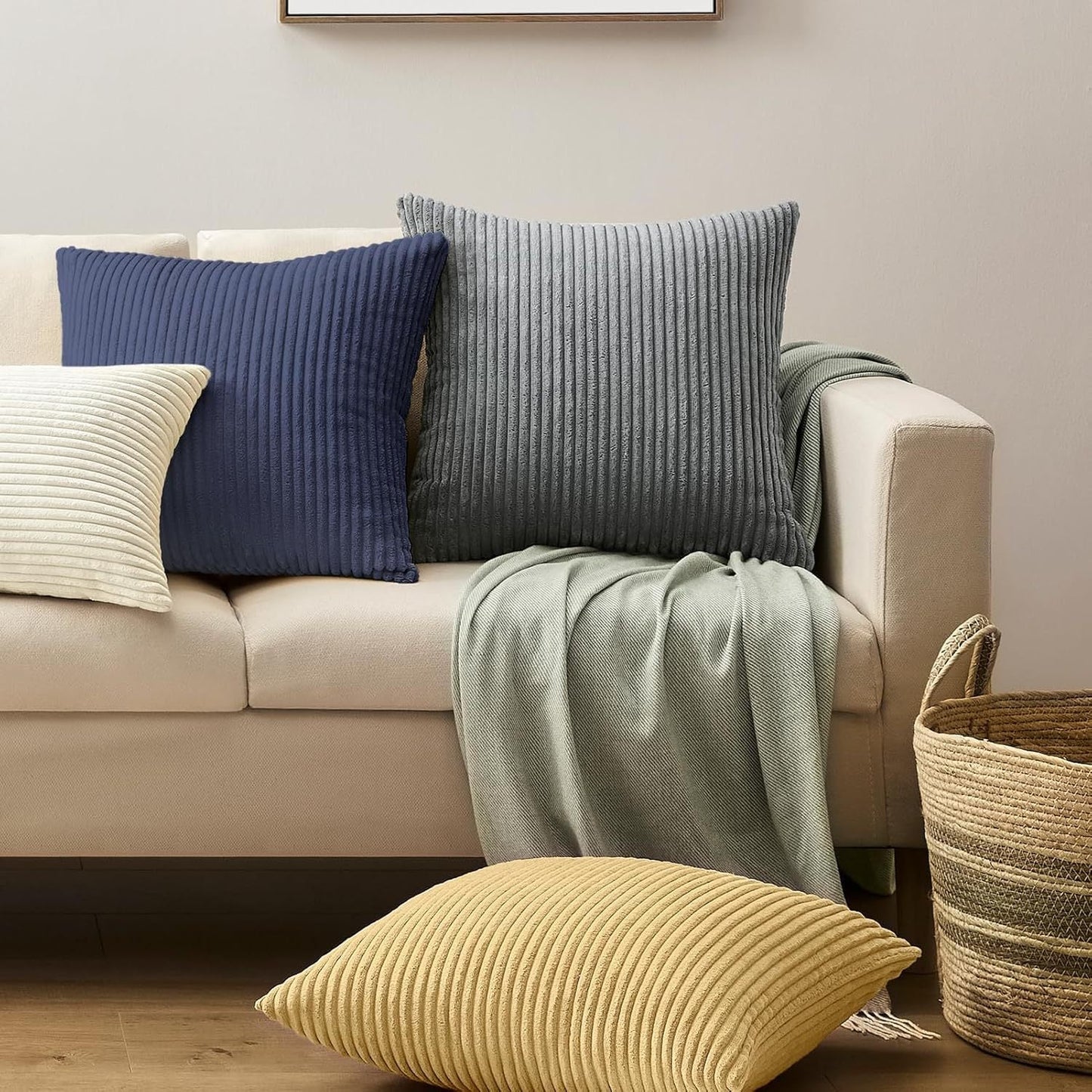 Brick Red Plush Striped Pillow Covers 45x45cm - Set of 4 Corduroy-Style Cushion Covers with Invisible Zipper, Soft and Washable for Sofa Decor
