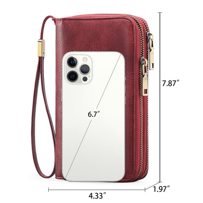 Brown Double Zipper Women's Wallet - Large Capacity Clutch Organizer with Wristlet Strap