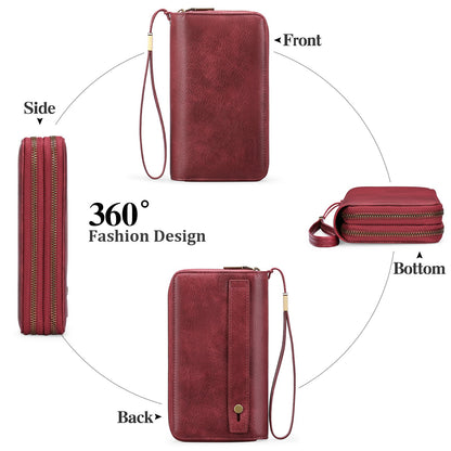Brown Double Zipper Women's Wallet - Large Capacity Clutch Organizer with Wristlet Strap