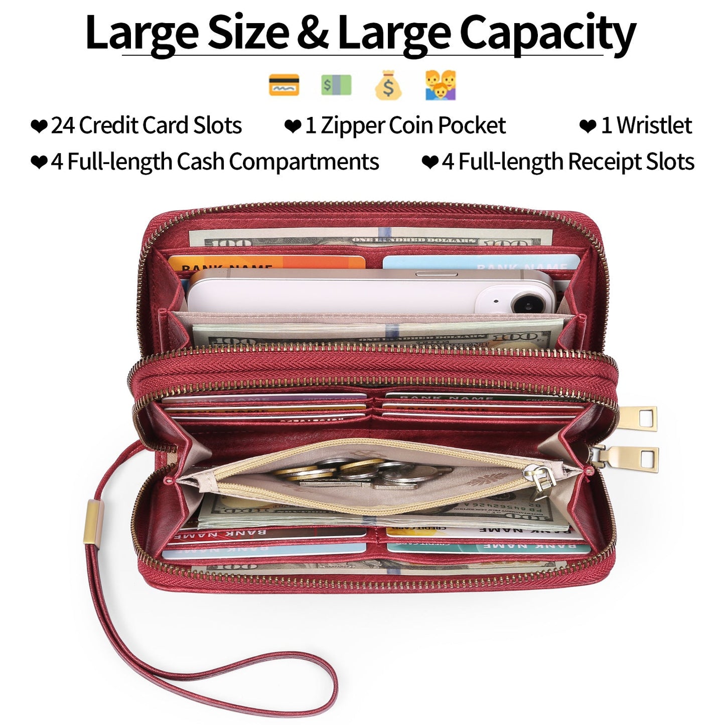 Brown Double Zipper Women's Wallet - Large Capacity Clutch Organizer with Wristlet Strap